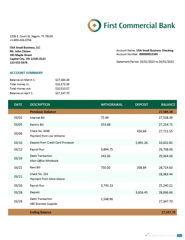 Download First Commercial Bank company statement Word and PDF template Photoshop template